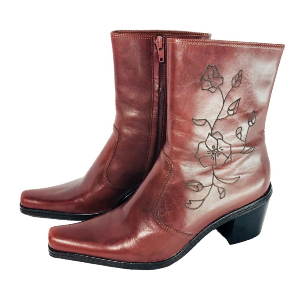 Gianni Bini Womens Floral Embroidered Brown Leather Ankle Boots Size 8.5